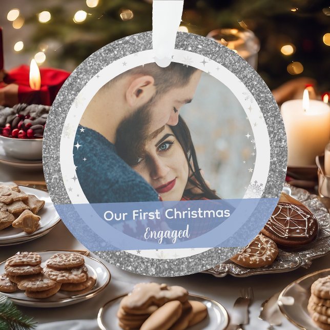 Modern Our First Christmas Engaged 2 Photos Ornament (Our First Christmas Together Engaged. Elegant Silver Glitter Christmas Ornament. 2 Photos Snowflakes)
