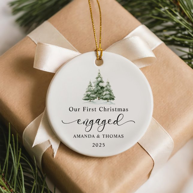 Modern Our First Christmas Engaged Photo Ceramic Tree Decoration (Creator Uploaded)