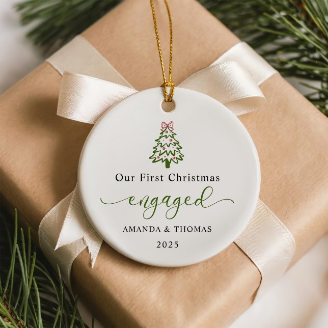 Modern Our First Christmas Engaged Photo Ceramic Tree Decoration (Creator Uploaded)