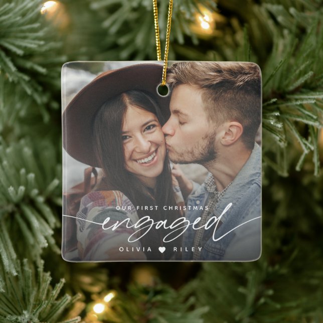 Modern Our First Christmas Engagement Photo Ceramic Ornament (Tree)