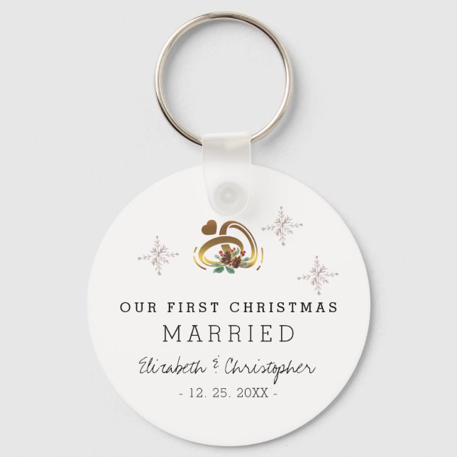 Modern Our First Christmas Married Holiday Key Ring (Front)