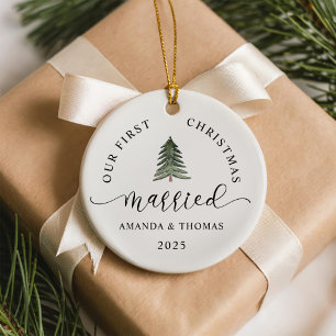 Modern Our First Christmas Married Photo Ceramic Tree Decoration