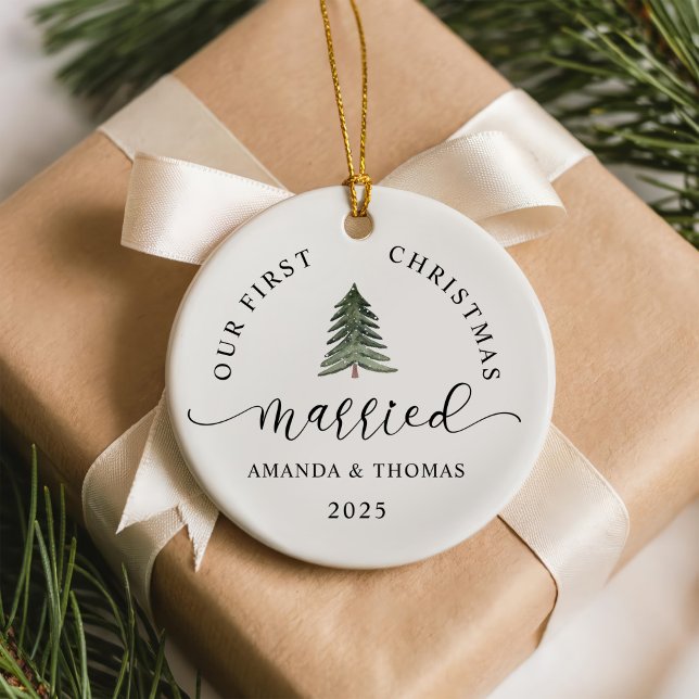 Modern Our First Christmas Married Photo Ceramic Tree Decoration (Creator Uploaded)