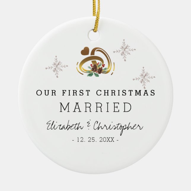 Modern Our First Christmas Married Photo Ceramic Tree Decoration (Front)