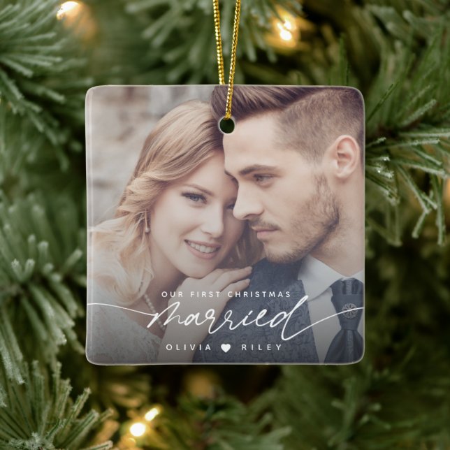 Modern Our First Christmas Married Photo Script  Ceramic Ornament (Tree)
