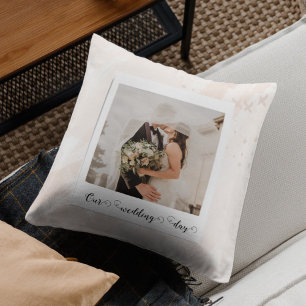 Modern our wedding day couple photo cushion