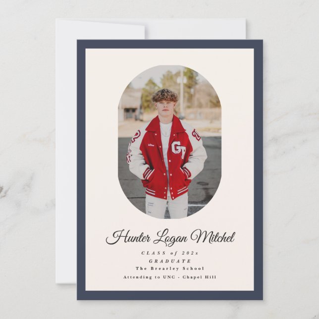 Modern Oval Blue High School Photo Graduation Invitation (Front)