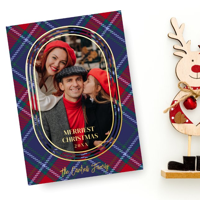 Modern Oval Blue Red Christmas Tartan Foto Family (Creator Uploaded)