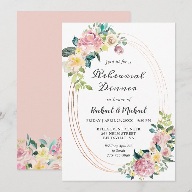 Modern Oval Floral Frame Spring Rehearsal Dinner Invitation (Front/Back)