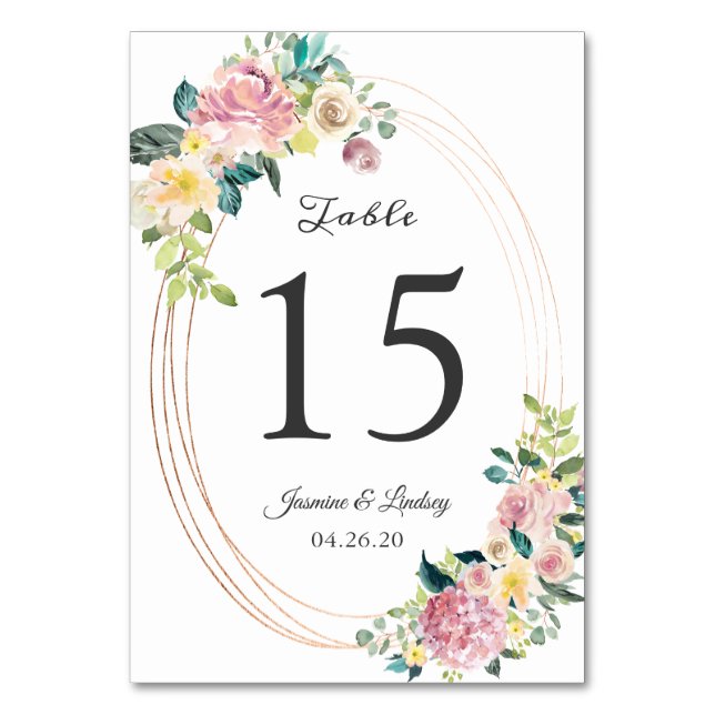 Modern Oval Frame Pastel Floral Wedding Table Number (Front)