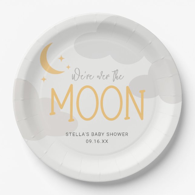Modern Over The Moon Baby Shower Paper Plate (Front)