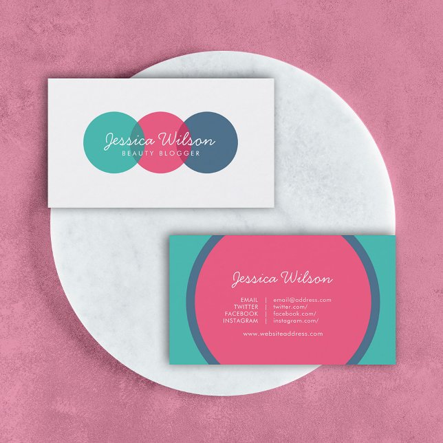 Modern Overlap Circles Teal Pink Blue Social Media Business Card (Creator Uploaded)
