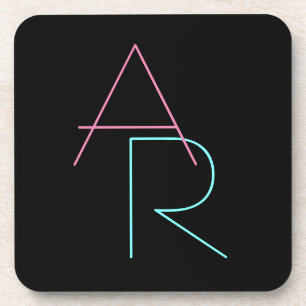 Modern Overlapping Initials Pink Turquoise Black Coaster