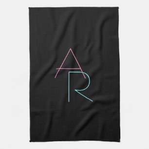 Modern Overlapping Initials   Pink Turquoise Black Tea Towel
