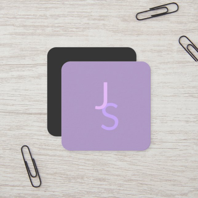 Modern Overlapping Monogrammed Initials | Purple Square Business Card (Front/Back In Situ)