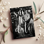 Modern Overlay Black & White Photo Save The Date<br><div class="desc">A modern save the date card featuring "save the date" in a fresh handwritten script, overlaid in white on your black and white vertical or portrait oriented photo. Add your names, wedding date and location beneath. Cards reverse to a white floral outline pattern with space to include your wedding website...</div>