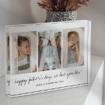 Modern Overlay Dad Family Photo Block<br><div class="desc">Modern father photo block featuring 3 family pictures for you to replace with your own,  with the word "DAD" in a faded overlay,  a personalised message,  and the kids names.</div>