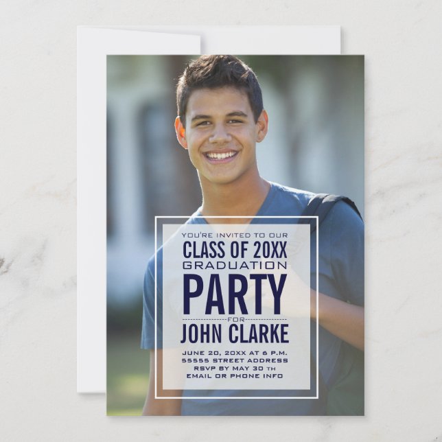 Modern Overlay Male Photo Graduation Party Invitation (Front)
