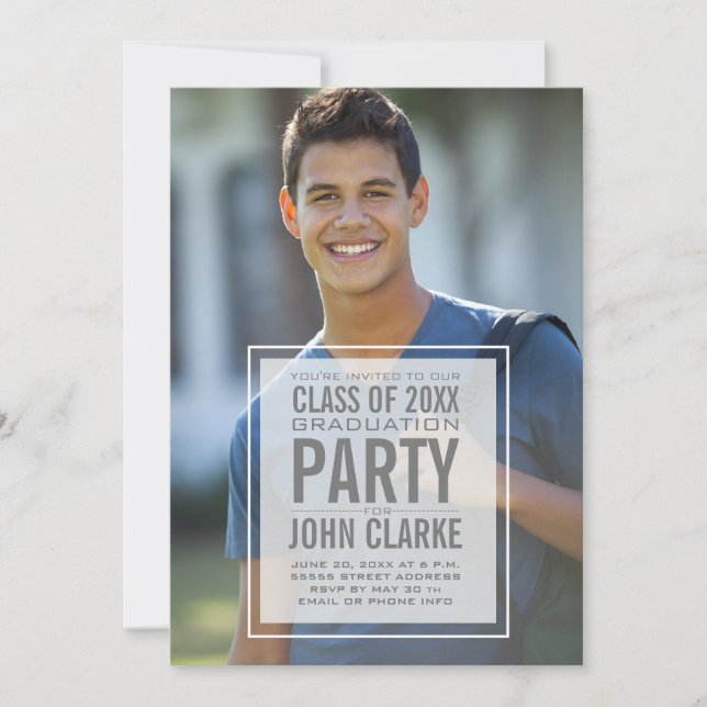 Modern Overlay Male Photo Graduation Party Invitation (Front)
