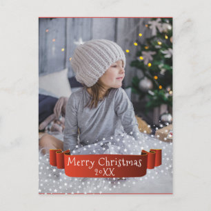 Modern Overlay Merry Christmas Photo Ribbon Holiday Postcard