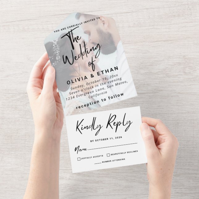 Modern Overlay Photo Wedding Customise All In One Invitation (Tearaway)