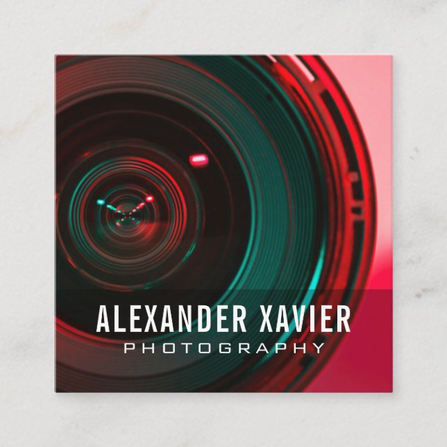 modern overlay white text photographer square business card (Front)