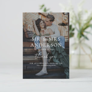 Modern Overlay White Text Wedding Romantic Photo Thank You Card