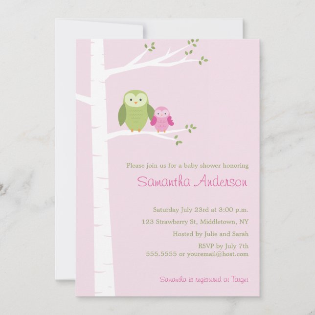 Modern Owl Birch Baby Shower Invitation - Girl (Front)