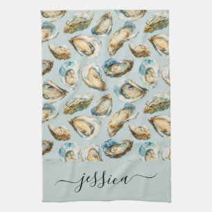 Modern oysters pattern script name tea towel