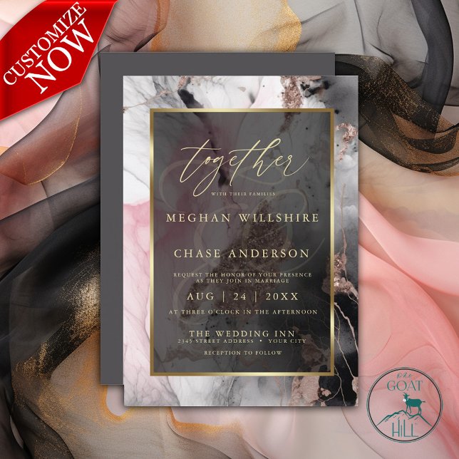 Modern Paint Abstract Rose Charcoal and Gold  Invitation (Easy to Customize)
