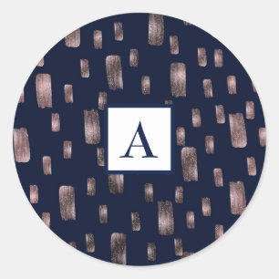 Modern Paint Brush Rose Gold & Navy Blue Sparkle Classic Round Sticker