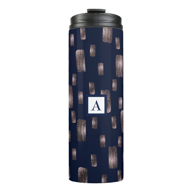Modern Paint Brush Rose Gold & Navy Blue Sparkle Thermal Tumbler (Front)