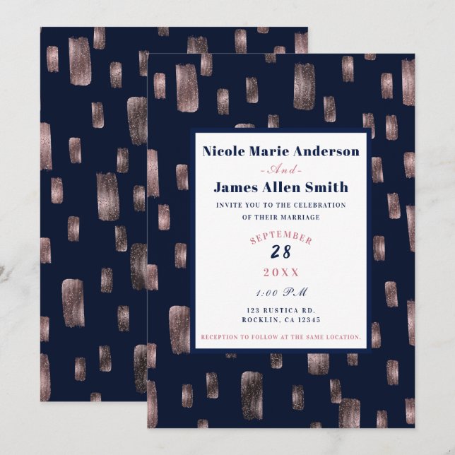 Modern Paint Brush Rose Gold & Navy Blue Wedding Invitation (Front/Back)