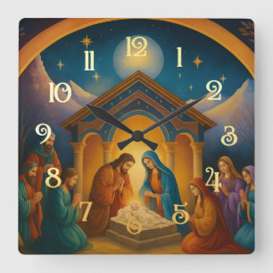 Modern Painted Nativity Scene Square Wall Clock