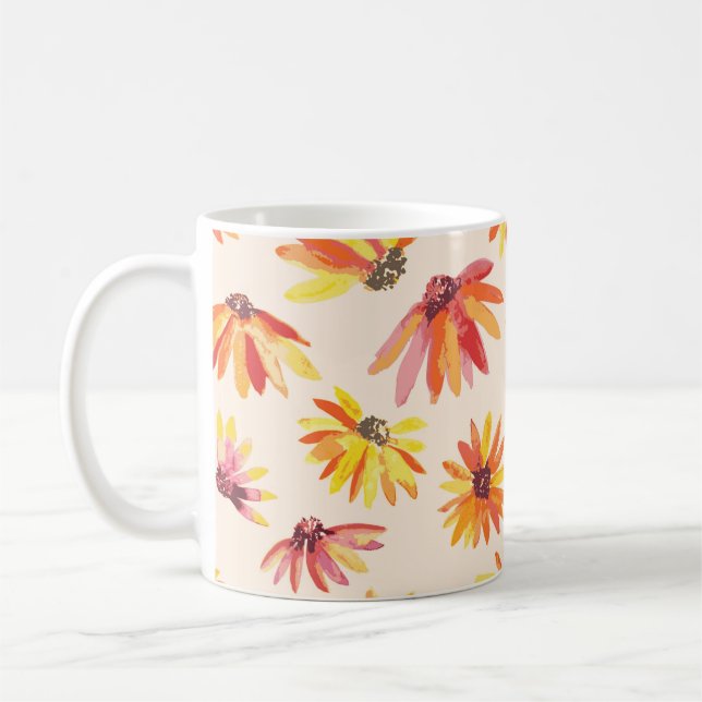 Modern Painted Orange Flowers Pattern Coffee Mug (Left)