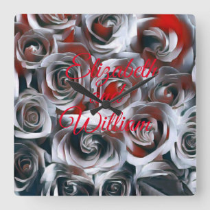 Modern Painting Black White Silver and Red Roses   Square Wall Clock