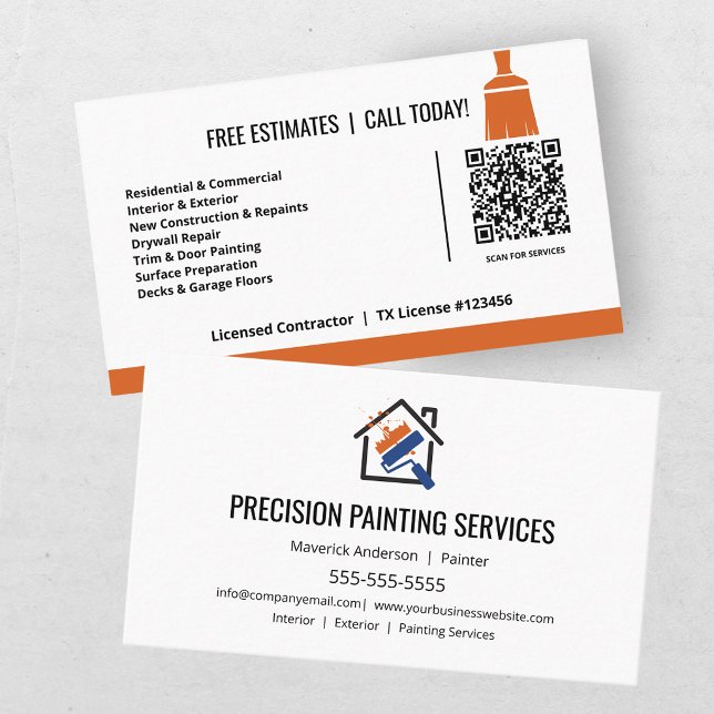 Modern Painting Contractor Orange Blue QR Code  Business Card (Creator Uploaded)