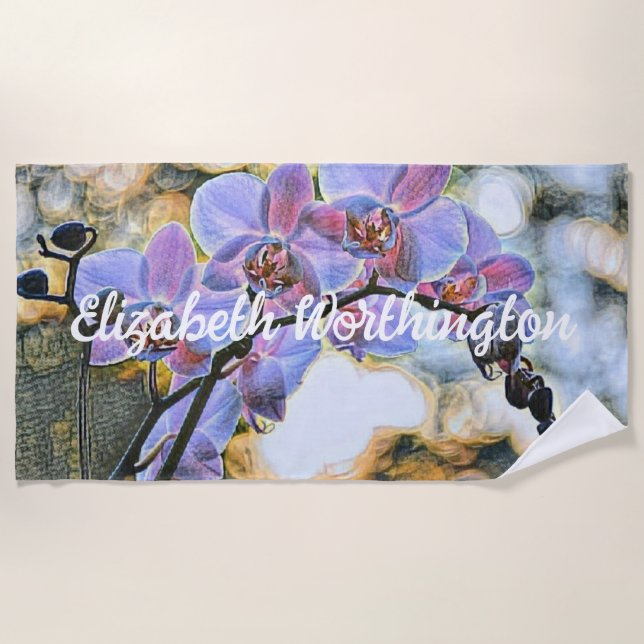 Modern Painting of a Purple Pink Orchid Flower Beach Towel (Front)