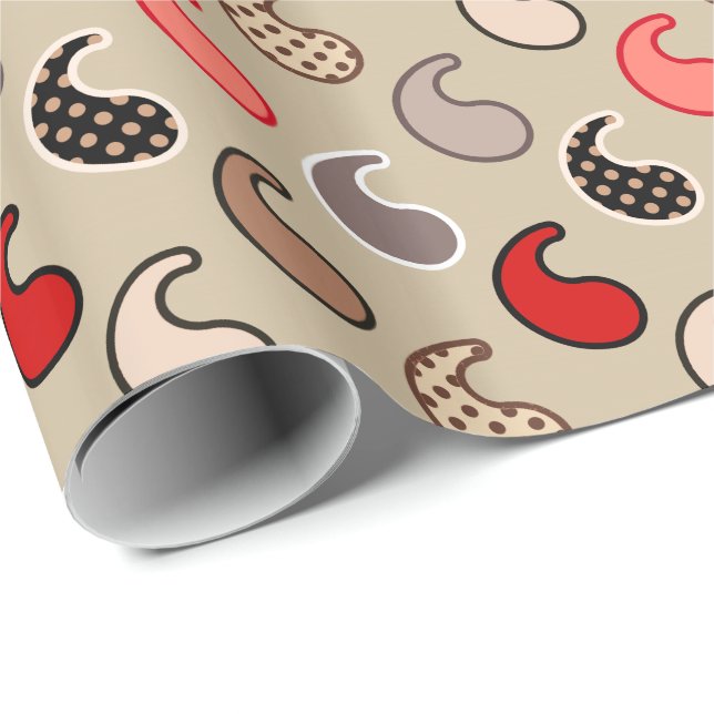 Modern Paisley pattern, Beige, Red, Grey and Coral Wrapping Paper (Roll Corner)