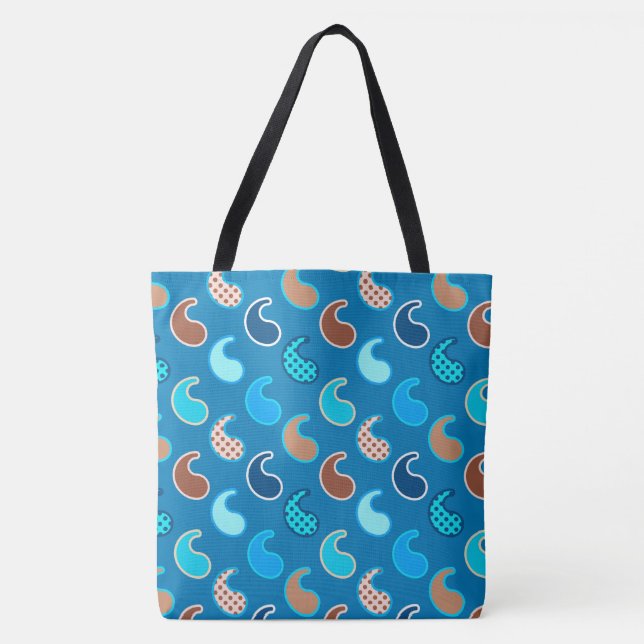 Modern Paisley pattern, Cerulean Blue, Tan & Aqua Tote Bag (Front)