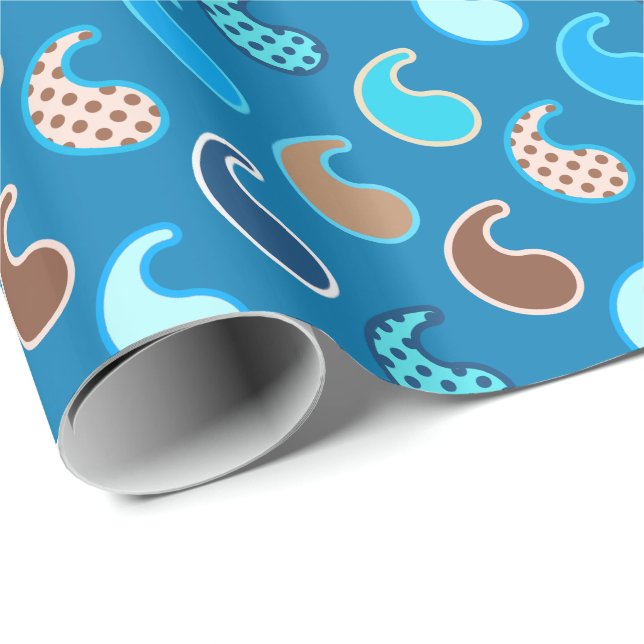 Modern Paisley pattern, Cerulean Blue, Tan & Aqua Wrapping Paper (Roll Corner)
