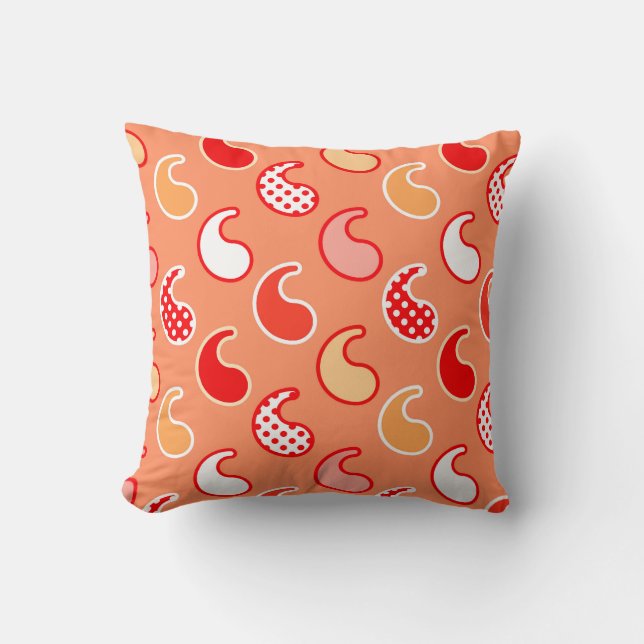 Modern Paisley pattern, Coral Orange and White Cushion (Front)
