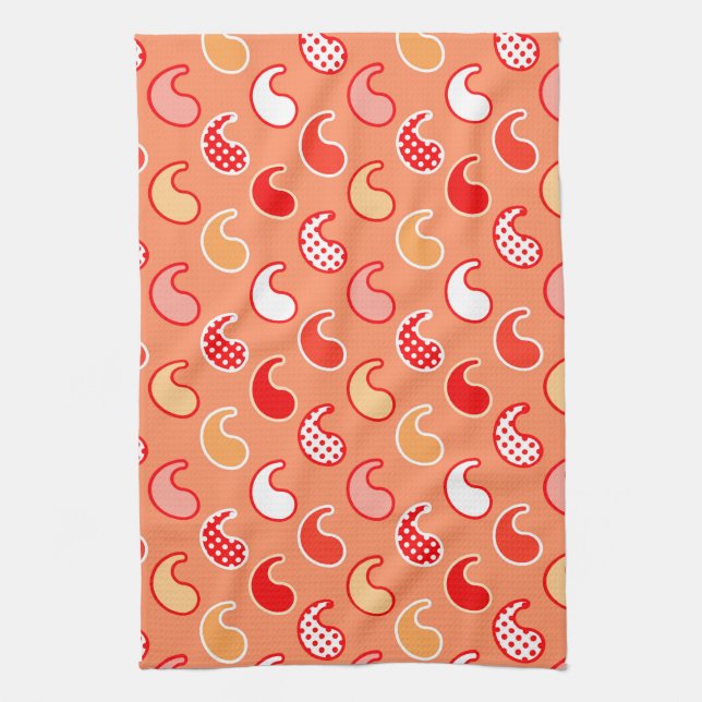 Modern Paisley pattern, Coral Orange and White Tea Towel (Vertical)