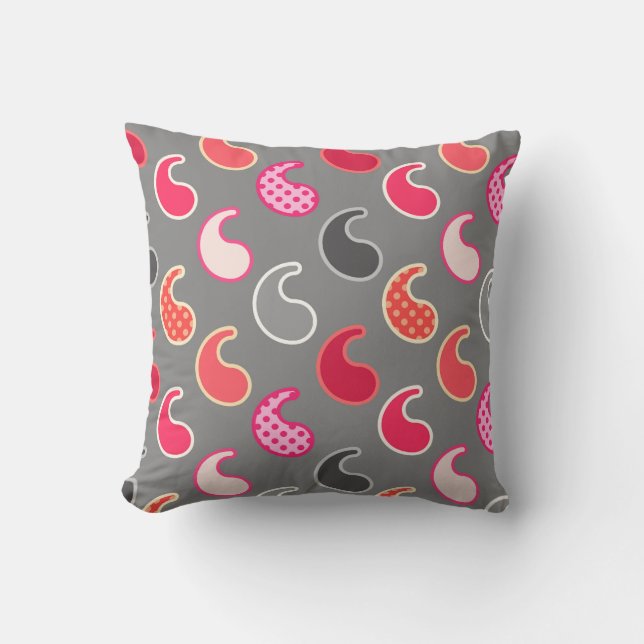 Modern Paisley pattern, Coral, Pink on Grey / Grey Cushion (Front)