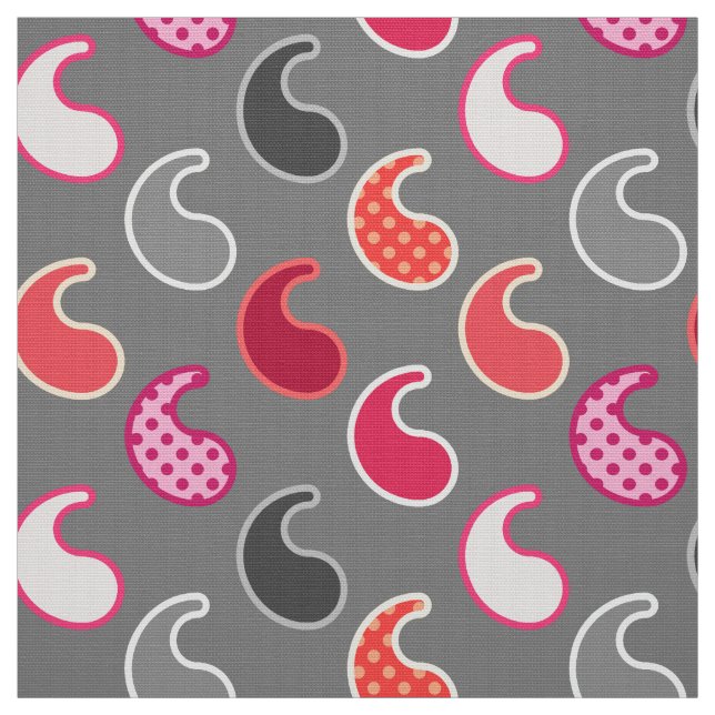 Modern Paisley pattern, Coral, Pink on Grey / Grey Fabric (Swatch)