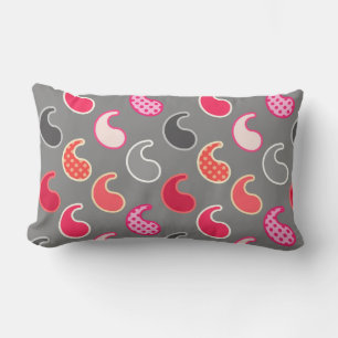 Modern Paisley pattern, Coral, Pink on Grey / Grey Lumbar Cushion
