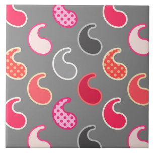 Modern Paisley pattern, Coral, Pink on Grey / Grey Tile