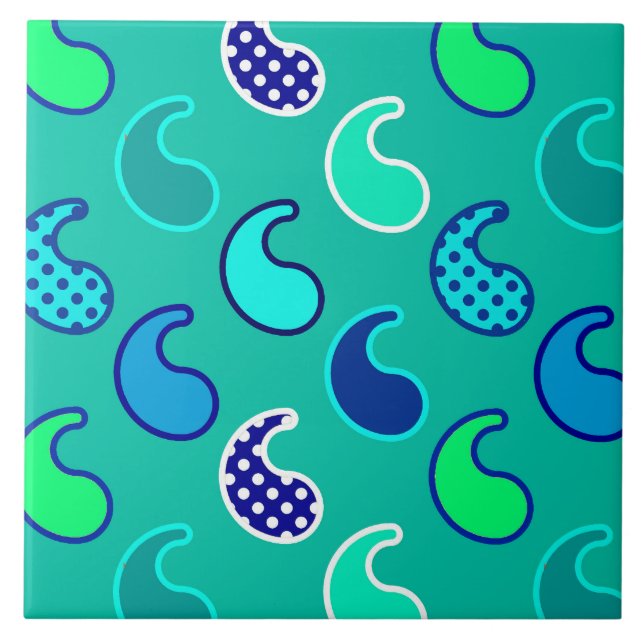 Modern Paisley pattern, Turquoise, Blue and Aqua Tile (Front)