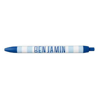 Modern Pale Blue and White Stripe Name Black Ink Pen