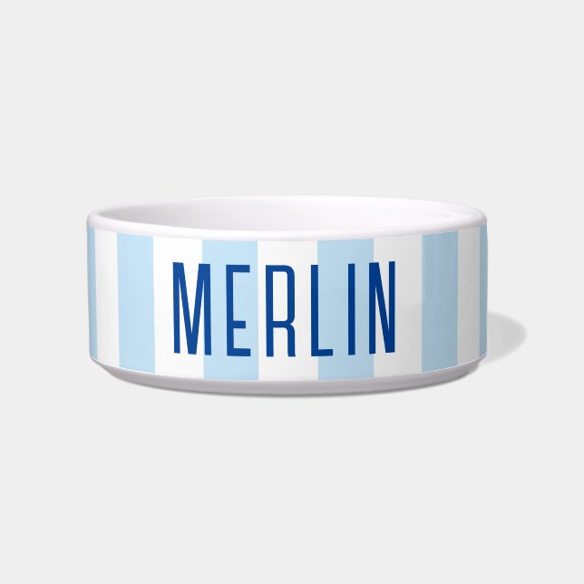 Modern Pale Blue and White Stripe Name Bowl (Front)